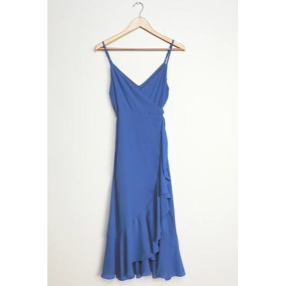 Lulus Manhattan Moment Blue Ruffled Midi Wrap Dress Size S - Picture 6 of 12